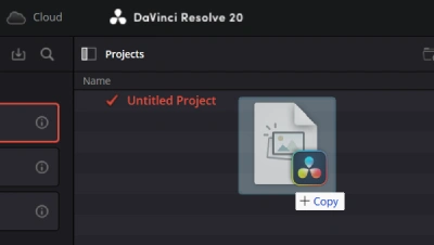 Importing a .drp template file into the DaVinci Resolve Project Manager window.