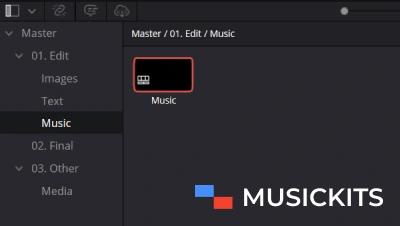 Navigating to the audio and music timeline in the DaVinci Resolve project.