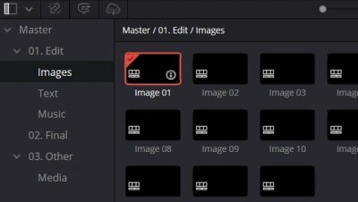 Locating and opening the Images and Video timelines within the DaVinci Resolve Media Pool.