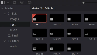Opening the text and titles timeline in the DaVinci Resolve editing interface.